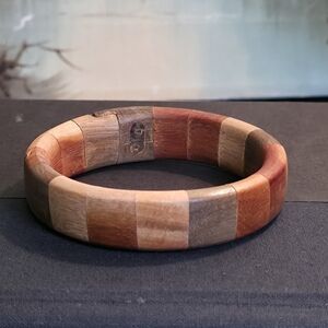 Chunky Segmented Mixed Wood Bangle Bracelet Artisan Boho Natural 3" Wide